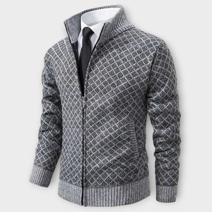 Men’s High Collar Zip-Up Knit Sweater with Textured Design