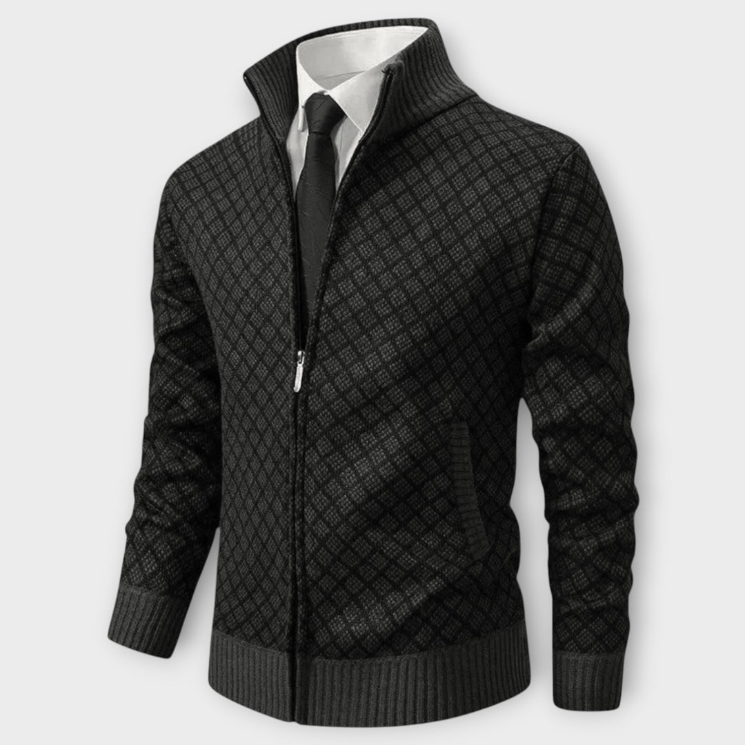 Men’s High Collar Zip-Up Knit Sweater with Textured Design