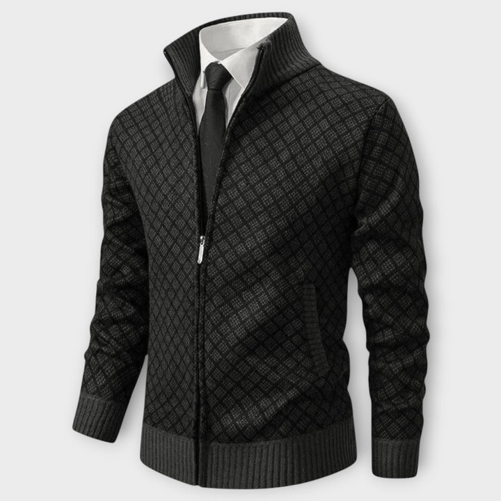 Men’s High Collar Zip-Up Knit Sweater with Textured Design