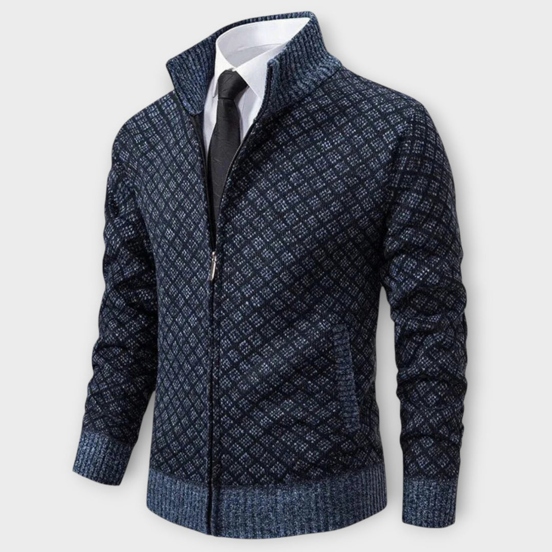 Men’s High Collar Zip-Up Knit Sweater with Textured Design