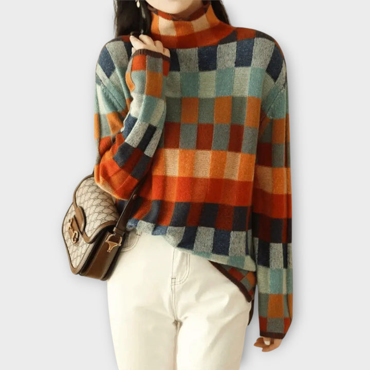 Patchwork Turtleneck Sweater with Cozy Knit Fabric