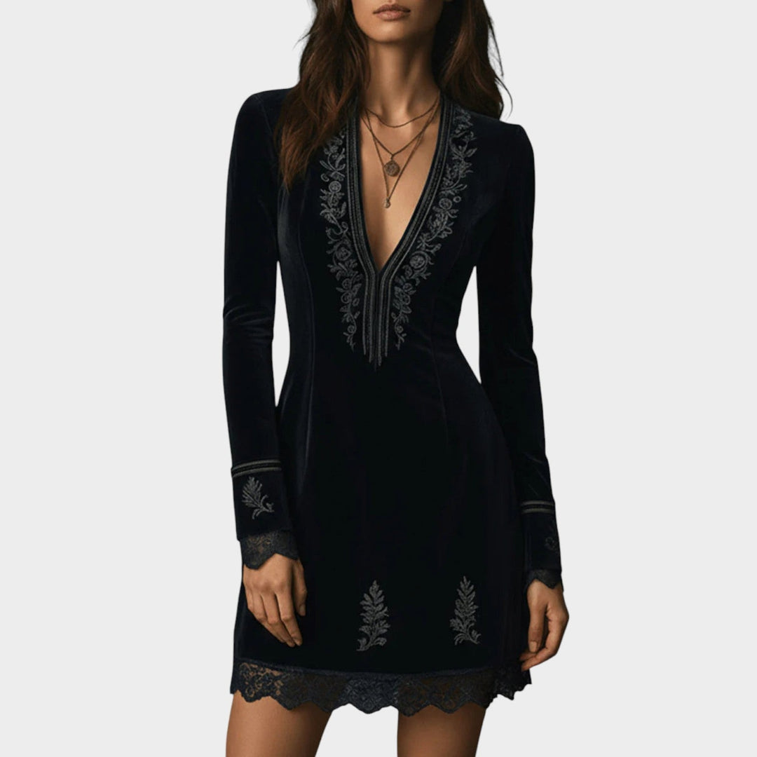 Embroidered Velvet Lace Mini Dress