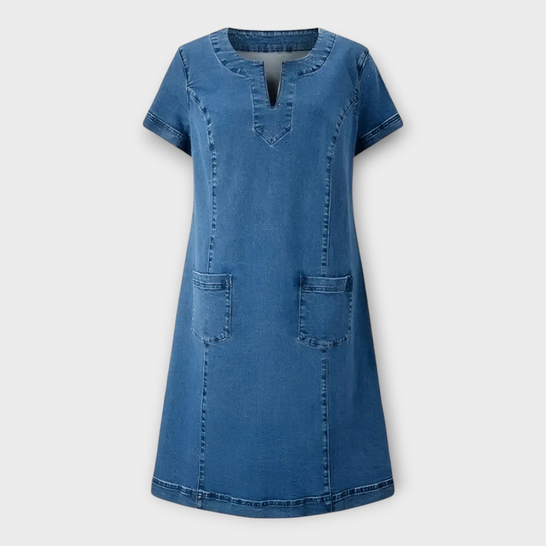 Denim Dress with Pockets and V Neckline