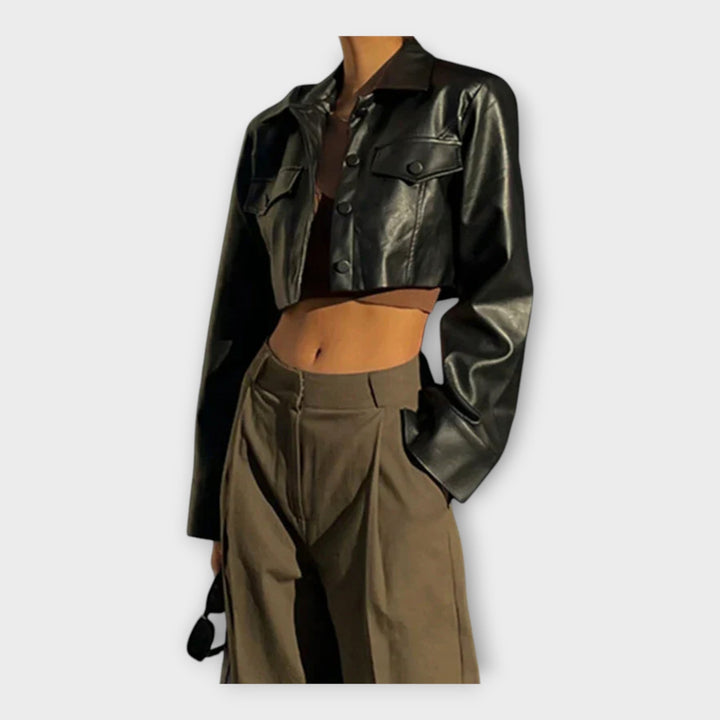 Short Leather Jacket with Pockets