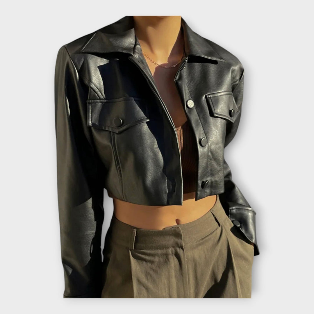 Short Leather Jacket with Pockets