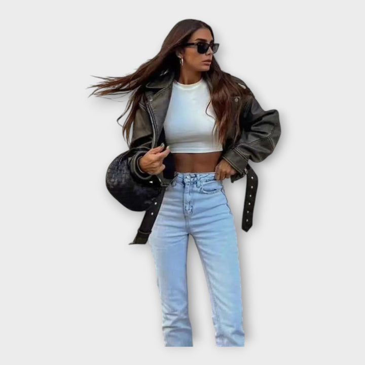 Modern Short Leather Jacket with Belt and Refined Aesthetic