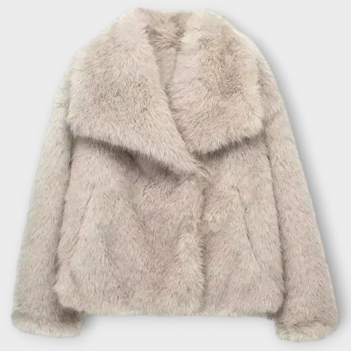Women’s Faux Fur Jacket – Voluminous Style, Neutral Colors