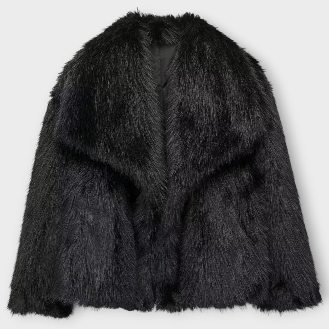 Women’s Faux Fur Jacket – Voluminous Style, Neutral Colors