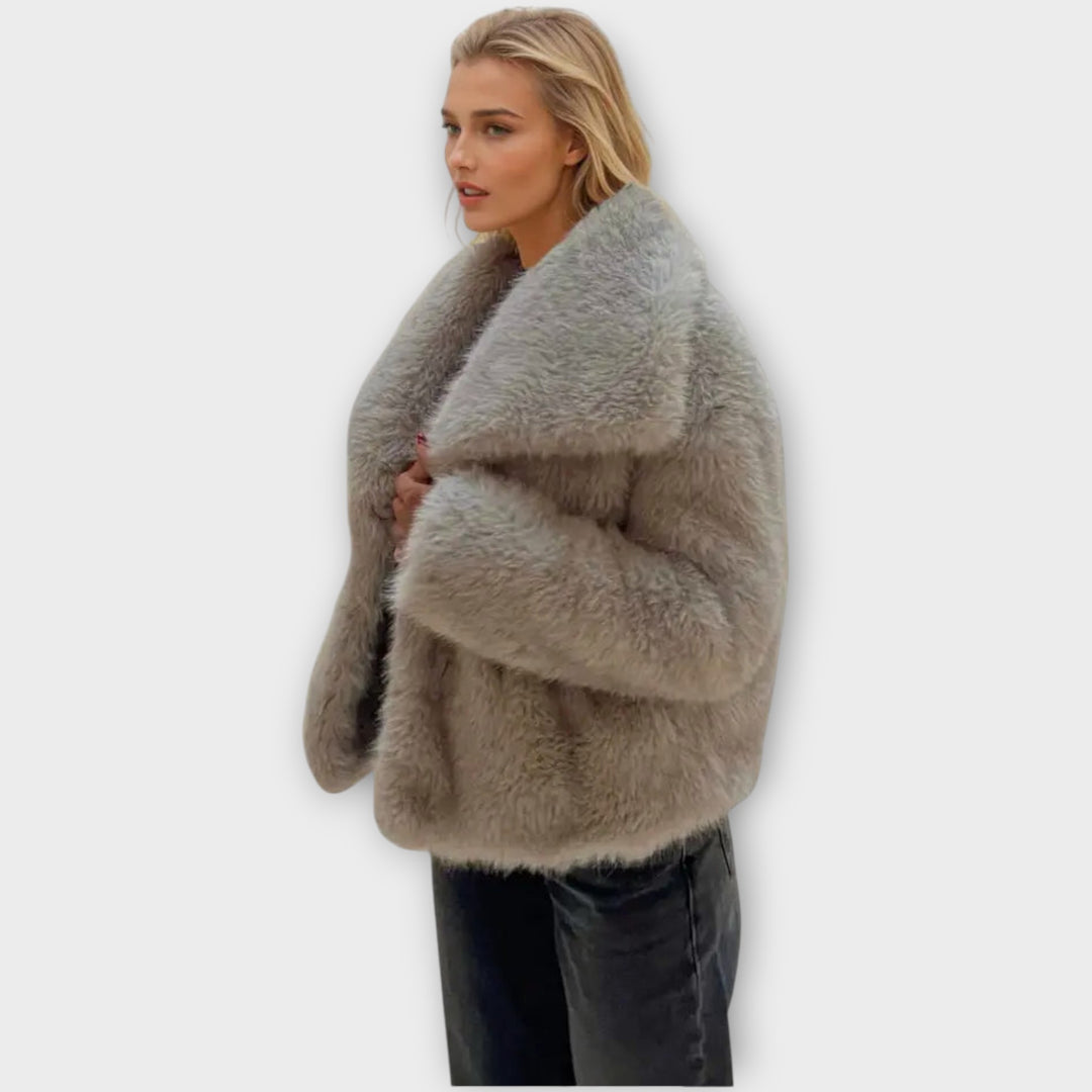 Women’s Faux Fur Jacket – Voluminous Style, Neutral Colors