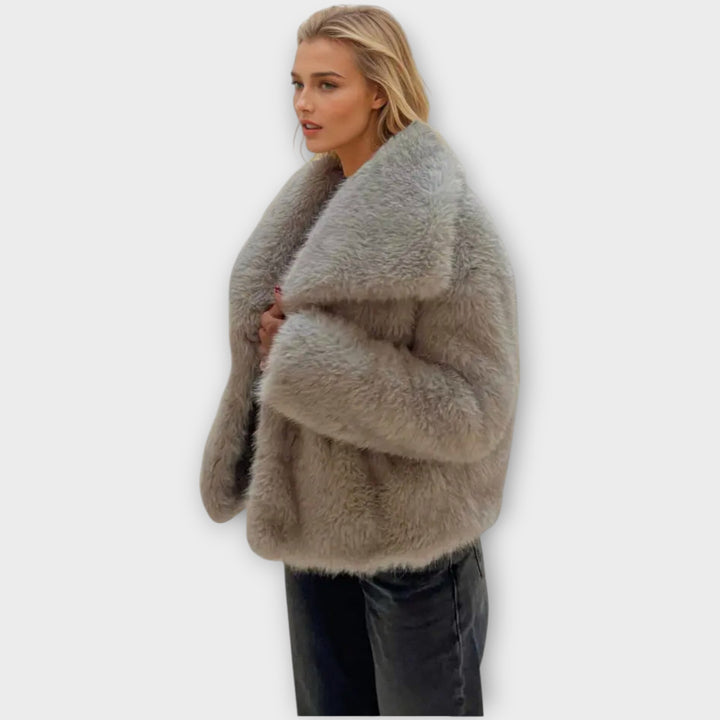 Women’s Faux Fur Jacket – Voluminous Style, Neutral Colors