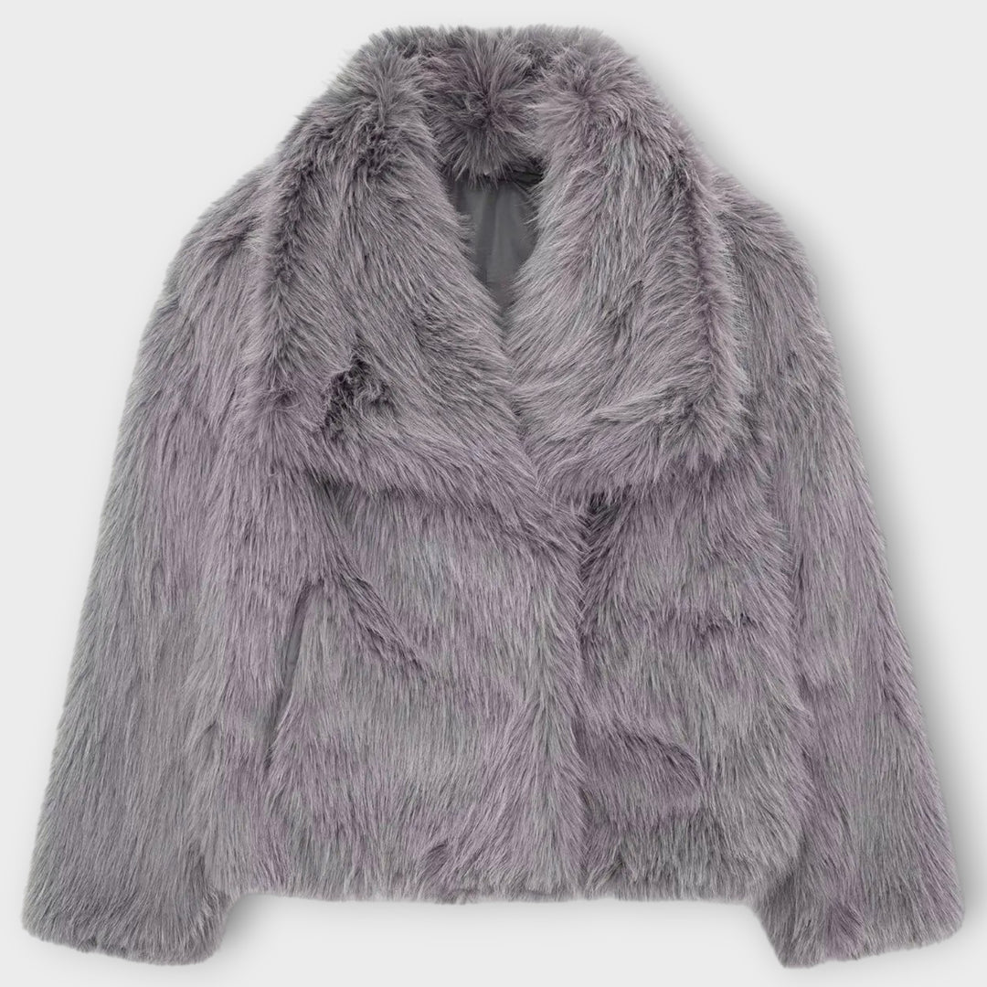 Women’s Faux Fur Jacket – Voluminous Style, Neutral Colors