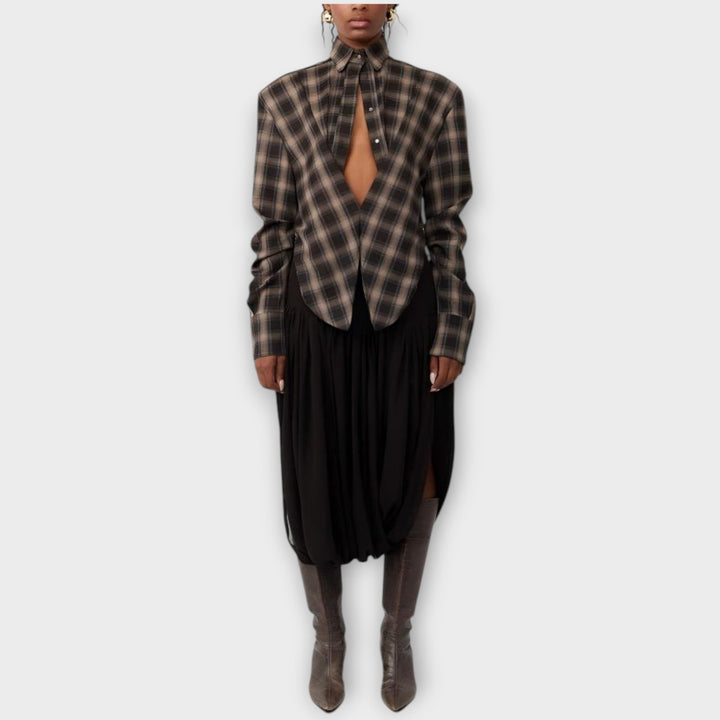 Edgy Plaid Cut-Out Blouse & Draped Skirt Set