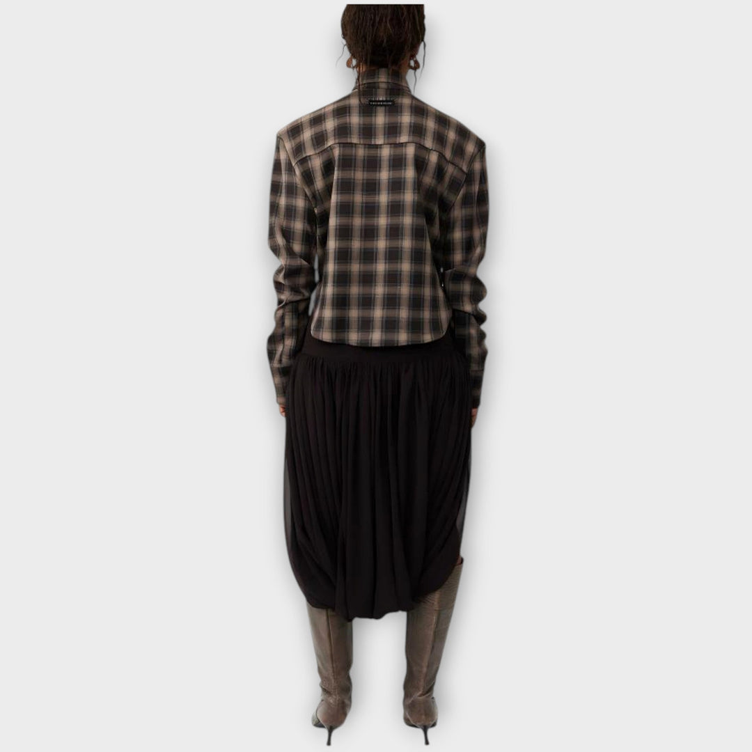 Edgy Plaid Cut-Out Blouse & Draped Skirt Set