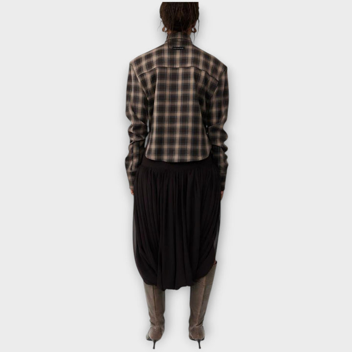 Edgy Plaid Cut-Out Blouse & Draped Skirt Set