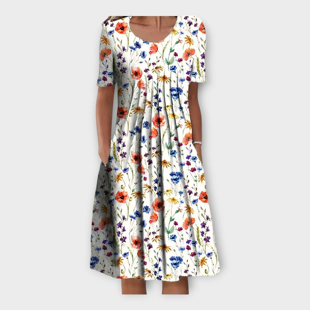 Dress with Floral Pattern and Short Sleeves