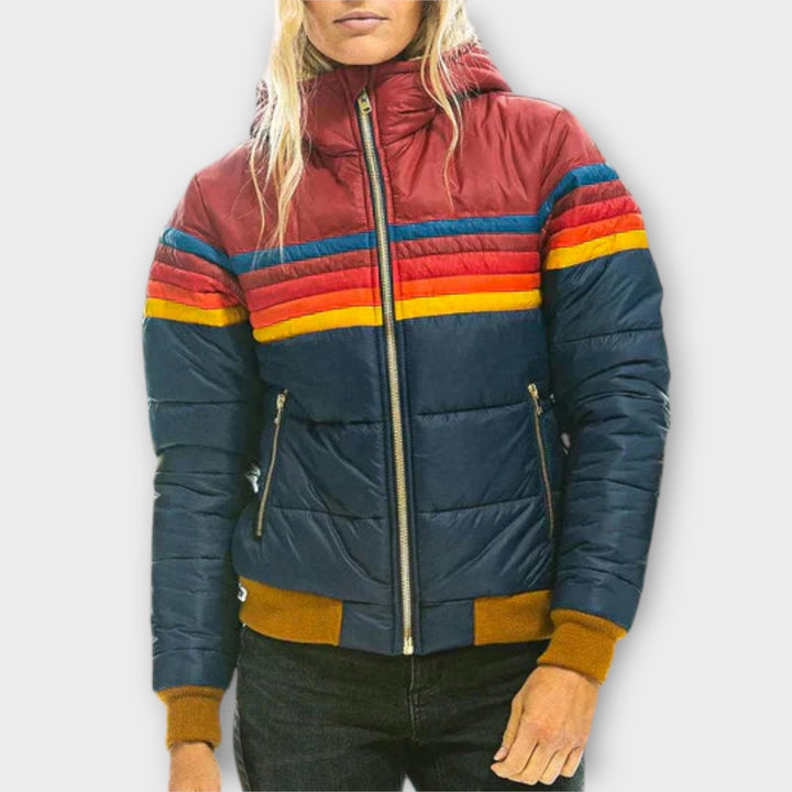 Women’s Retro Color Block Puffer Jacket – Quilted Winter Coat