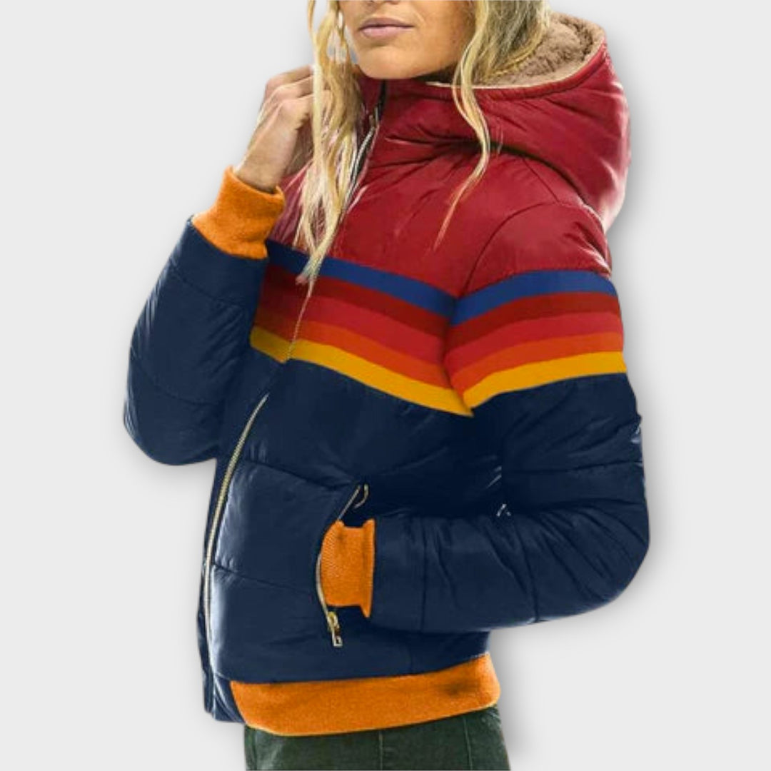 Women’s Retro Color Block Puffer Jacket – Quilted Winter Coat
