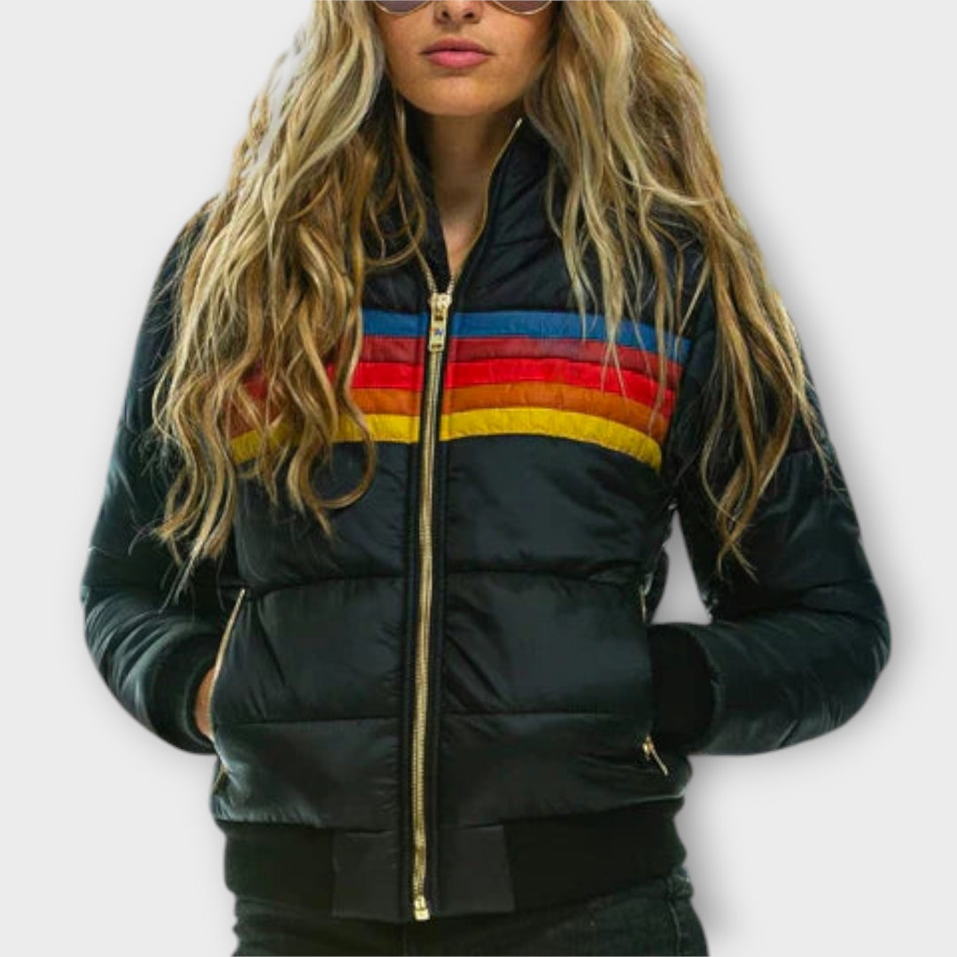 Women’s Retro Color Block Puffer Jacket – Quilted Winter Coat