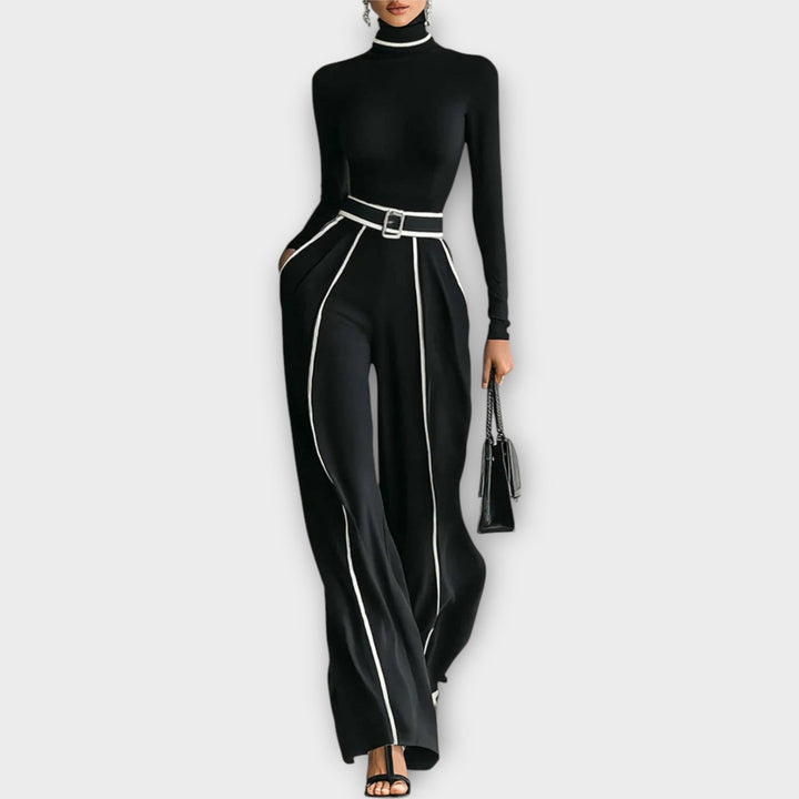 Sophisticated Two-Piece Set with Turtleneck Top and Wide-Leg Trousers