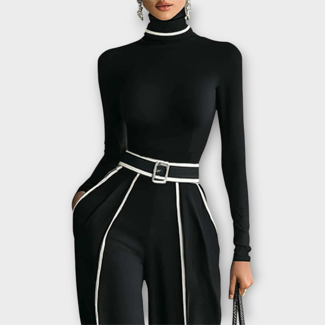 Sophisticated Two-Piece Set with Turtleneck Top and Wide-Leg Trousers