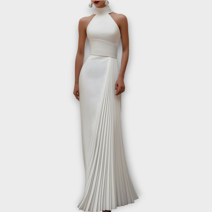 Elegant Satin Pleated Halter-Neck Evening Gown