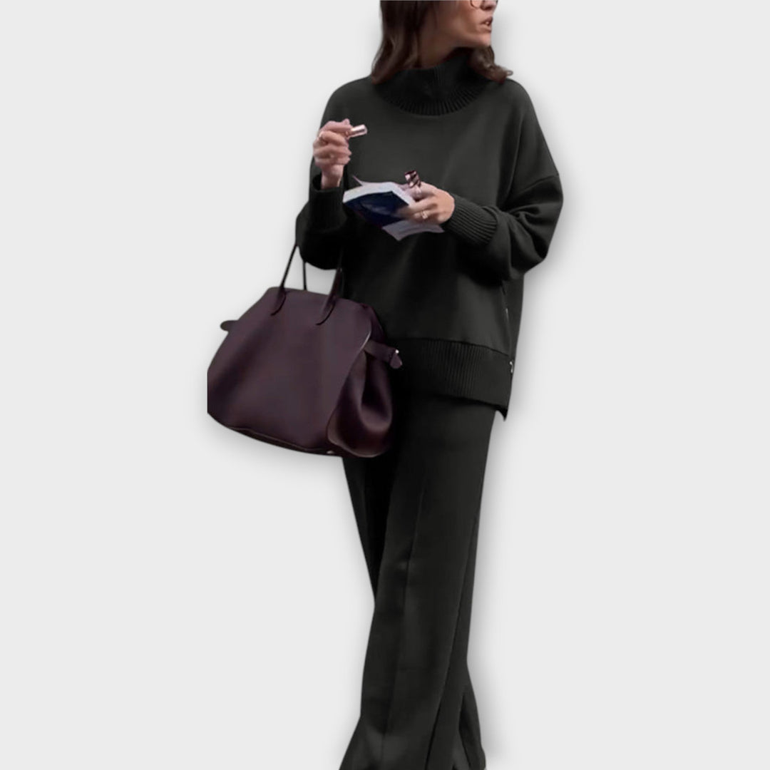 Relaxed Knit Set with High-Neck Sweater and Wide-Leg Trousers