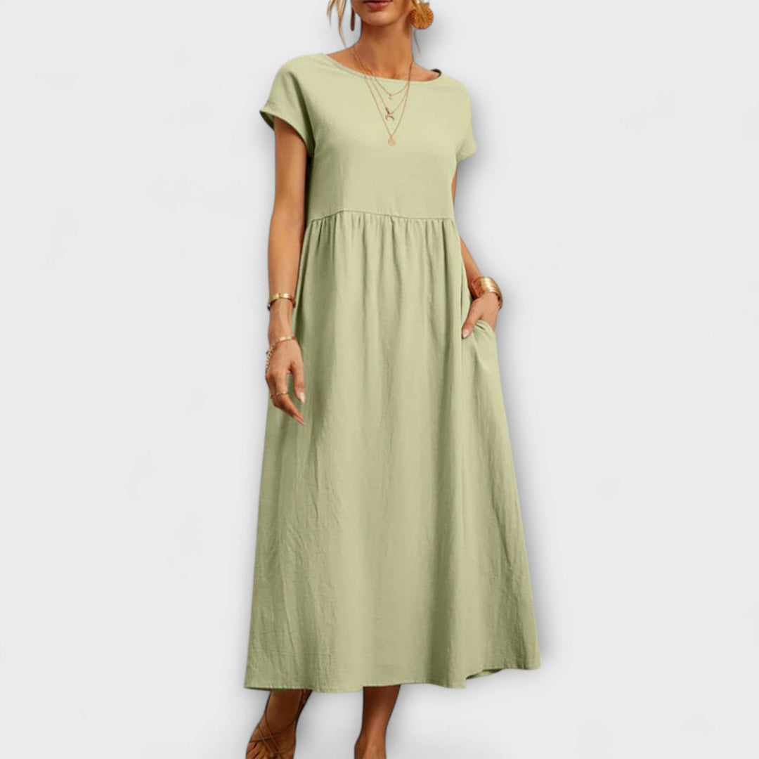Midi Dress with Simple Line and Side Pockets