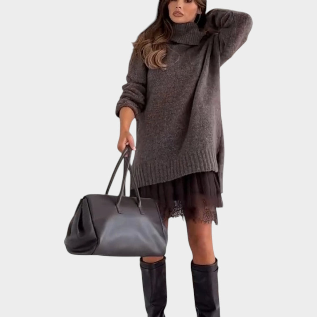 Oversized Knit Sweater Dress with Lace Hem