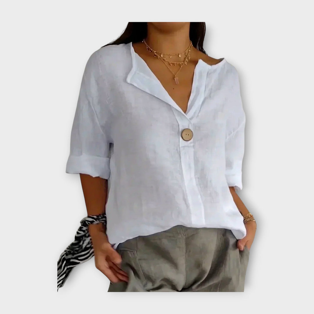 Linen Blouse with Button and V Neckline