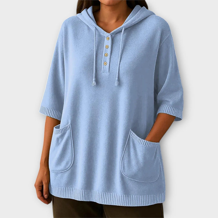 Button-Front Hoodie Top with Pockets