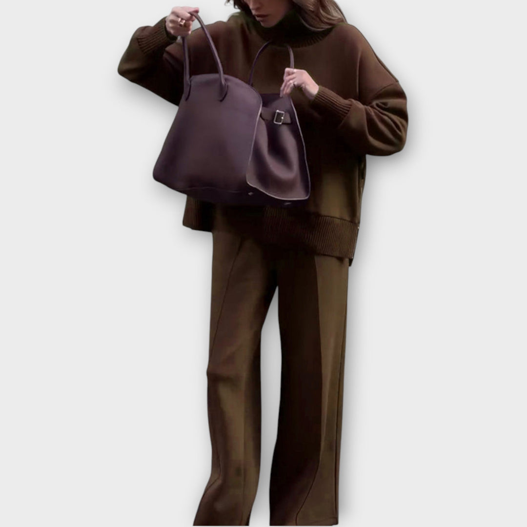 Relaxed Knit Set with High-Neck Sweater and Wide-Leg Trousers