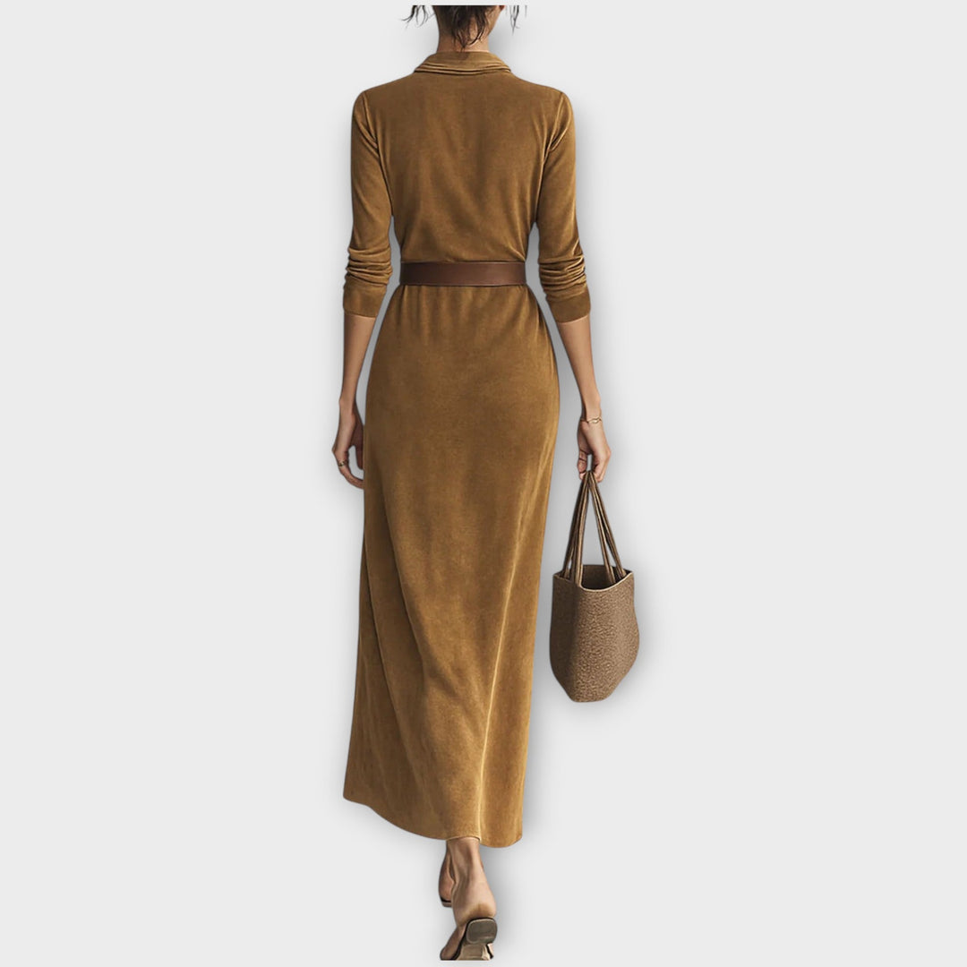 Elegant Belted Suede Maxi Dress