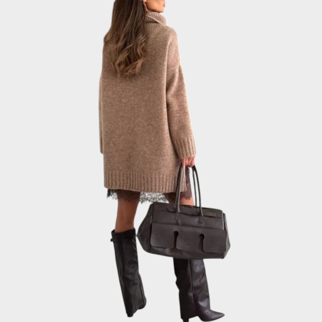 Oversized Knit Sweater Dress with Lace Hem