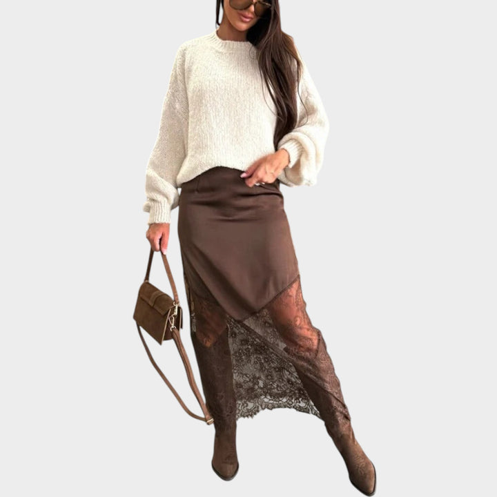 Lace Detail Satin Midi Skirt