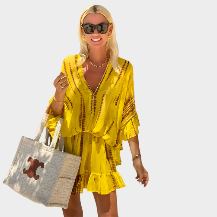 Mini Dress with High Waist and V-Neck