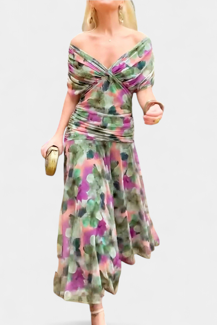 Long Floral Dress with V-Neckline and Romantic Elegance