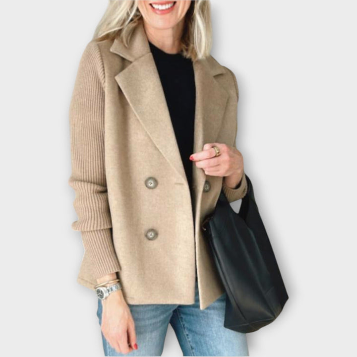 Double-Breasted Knit-Sleeve Blazer