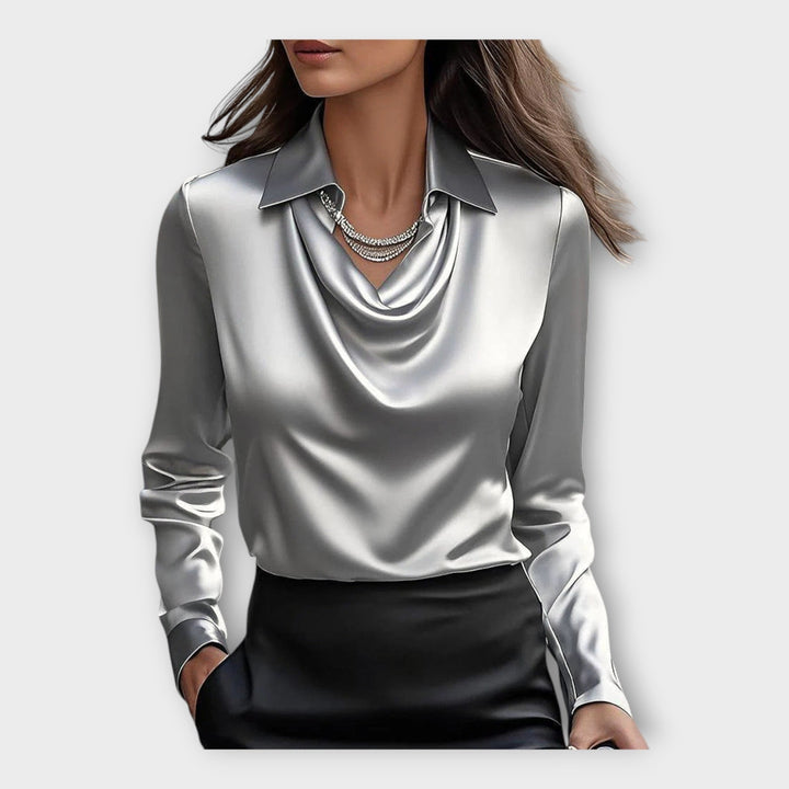 Satin Blouse with Draped Neckline and Collar